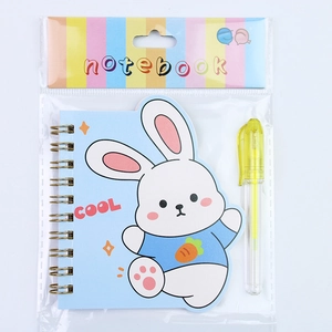 Mini spiral rabbit notebook set with yellow pen and cute blue carrot bunny cover