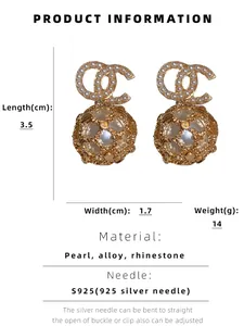 Detailed size chart for silver needle earrings with pearls and crystal ball accents