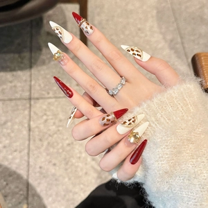 Chinese-style stiletto press-on nails with red leopard print and zircon 3D jewelry