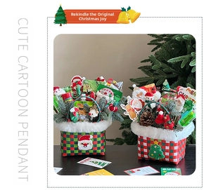 Close-up of festive Christmas gift baskets featuring Santa, elk plush, and woven patterns
