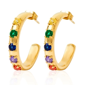 Minimalist golden C-shaped stainless steel earrings with multi-color vibrant gemstones