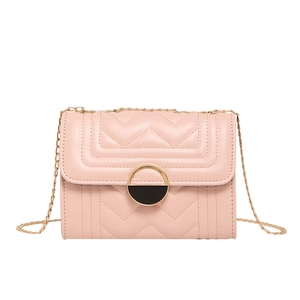 Pink quilted chain crossbody bag with V-shaped embroidery and round gold metal lock