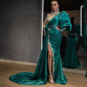 Emerald Green Satin Evening Gown Asymmetrical One Shoulder Sequined High Slit Long Train Formal Prom Party Dress
