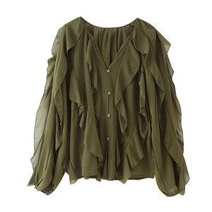 Olive green chiffon V-neck blouse with layered ruffles and long sleeves on white background