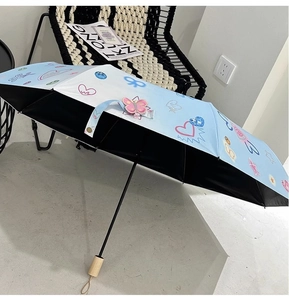 Close-up of light blue parasol with graffiti heart patterns and a natural wooden handle