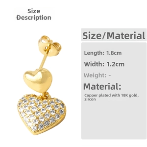 Detail view of 18K gold plated heart earrings with cubic zirconia and dimensions