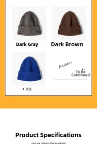 Detailed knit texture display of winter beanies in dark grey, brown and sky blue colors