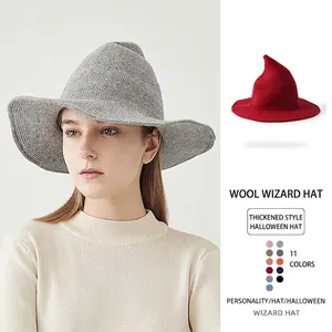 Pointed Wizard Witch Hat Knitted Wool Blend Wide Brim Halloween Gothic Style Warm Winter Accessories For Women