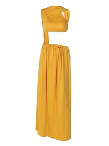 Yellow one-shoulder cutout maxi dress with ruched texture and side-tie waist design