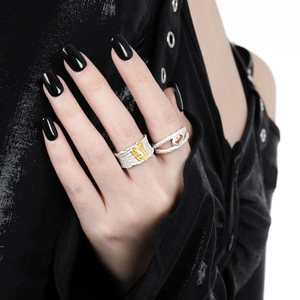 Irregular textured silver open ring set with gems and hollowed design for women