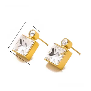 Detailed view of square clear crystal earrings with gold trim and size measurements