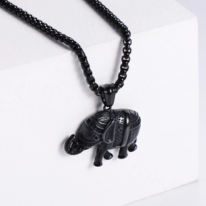Vintage punk style black elephant pendant in 18K gold plating on ball chain necklace