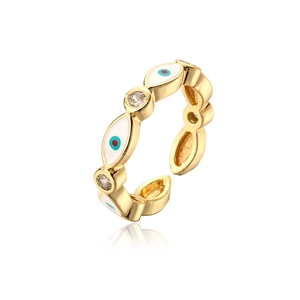 18K gold plated copper adjustable open ring with evil eye enamel and zircon stones