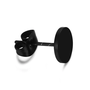 Matte black stainless steel stud earring with flat disc design and butterfly back