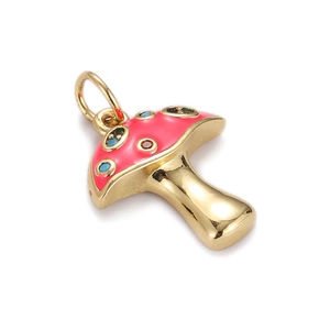 Detailed close-up of 18K gold mushroom pendant with red enamel and colorful gemstones