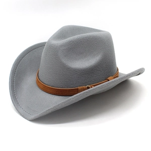 Detail of grey wool felt cowboy hat with brown leather band and metal buckle detail