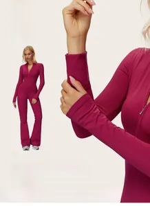 Detail of warm thermal yoga jumpsuit showing the soft fleece lining and half-zip collar