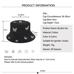 Chapeau bob unisexe en coton avec broderie papillon et guide des tailles détaillé