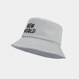 Close-up of light gray cotton bucket hat featuring black NEW WORLD letter print