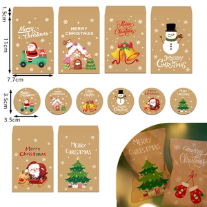 Christmas kraft paper envelopes set with cartoon stickers for holiday gift packaging