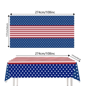 Size chart showing 108x54 inch dimensions for American flag disposable PE tablecloth