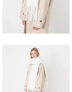 Detail view of white cashmere-like tassel scarf with beige wool coat sleeve and cuff