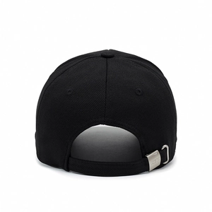 Black cotton baseball cap with adjustable silver metal buckle and textured fabric