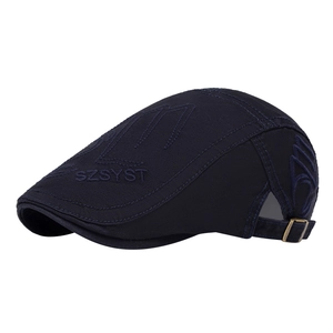 Dark blue cotton newsboy cap with SZSYST embroidery and adjustable metal buckle