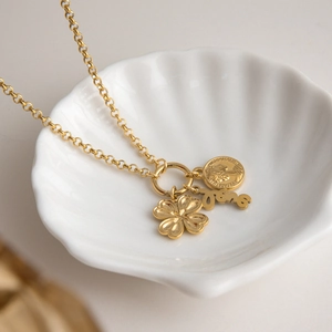 Close-up of gold stainless steel necklace with clover, coin, and Love charms on a shell dish