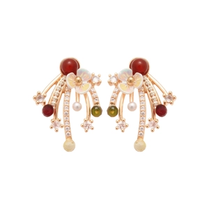Elegant gold-plated firework flower stud earrings with colorful zircon and pearls