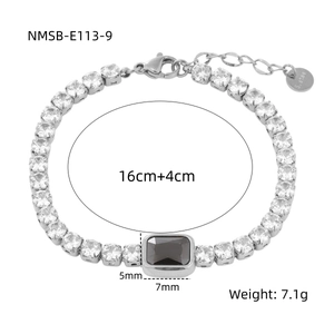 Detail of silver stainless steel bracelet with black rectangular stone and white zircons
