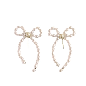 Elegant white bow stud earrings with faux pearls and metal posts on white background