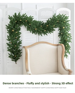 Detail of lush green Christmas garland with warm LED lights on a white screen