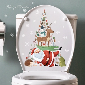 Christmas toilet lid sticker featuring Santa Claus and reindeer in a holiday tree design