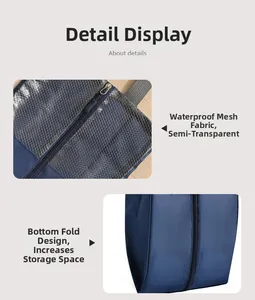 Detail view of the waterproof translucent mesh fabric and zipper of the travel shoe bag