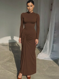 Elegant chocolate brown long sleeve slim fit maxi dress with tie waist and pleated drape