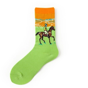 Detailed knit equestrian pattern of a rider on horse on a vibrant green cotton sock