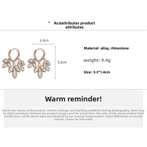 Detail view of leaf-shaped rhinestone drop earrings with dimensions and weight specs