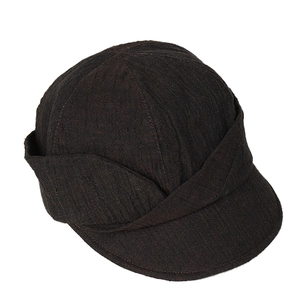 Deep brown textured linen baker boy hat with retro paneled design and curved visor