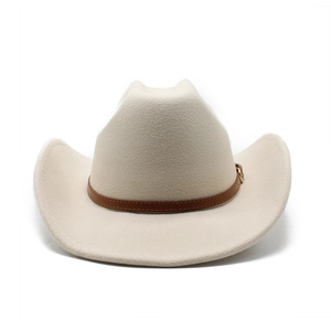 Detail of beige wool cowboy hat featuring a brown leather band and gold metal buckle