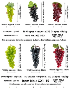 Detailed size guide for various realistic artificial grape clusters in multiple colors