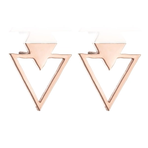 Detail of rose gold geometric triangle stud earrings for men and women shown in pair
