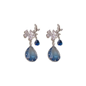 Vintage silver leaf earrings with sparkling blue teardrop crystals and zircons