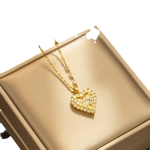 Golden heart pendant necklace with zircon inlay on geometric link chain in gift box