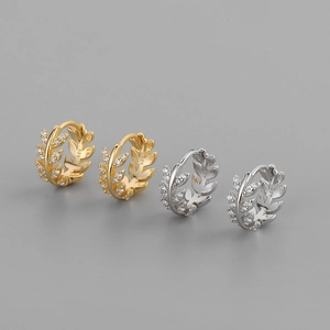 Elegant S925 sterling silver olive leaf hoop earrings with shimmering crystal accents