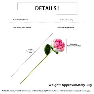 Detail view of a handmade crochet pink rose with dimensions showing 42cm length and 7cm diameter