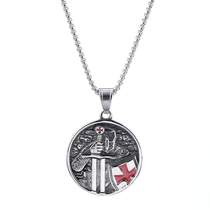 Silver Templar Shield Necklace with Red Enamel Cross and Round Embossed Pendant