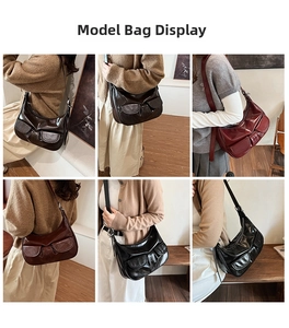 Model wearing vintage glossy leather crossbody bag in coffee, wine red and black