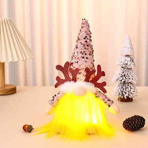 Gnome de Noël lumineux avec chapeau à paillettes roses et barbe éclairée par LED