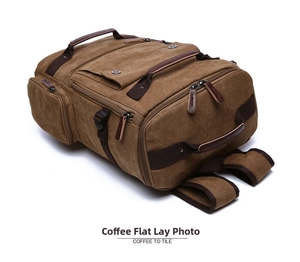 Detailed top view of dark coffee canvas backpack with brown leather trim and multi-pockets